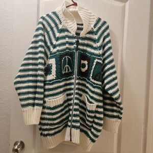 BDG full zip size Small S unisex women's men's chunky knit sweater green white